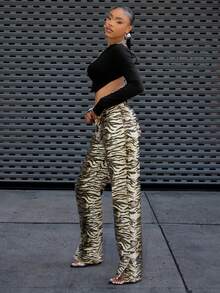 Quần jeans ống đứng in họa tiết, chi tiết cúc cài, xẻ tà, thời trang đường phố, trang phục dự tiệc. - màu nâu - Xem 5