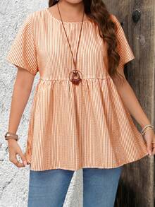 EMERY ROSE Plus Size Striped Print Round Neck Casual Short Sleeve Tunic Tops Dressy Blouses , Suitable For Summer - Orange - View 5
