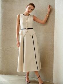 MOTF PREMIUM FASHIONABLE COLOR BLOCK MID-LENGTH DRESS FOR WOMEN - Apricot - View 7