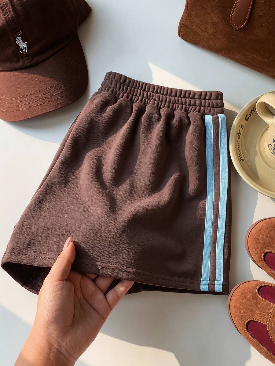 Pantaloni scurți casual lejeri, cu talie elastică, vintage maro, pentru fete preadolescente, de vară - Maro - Vizualizare 1