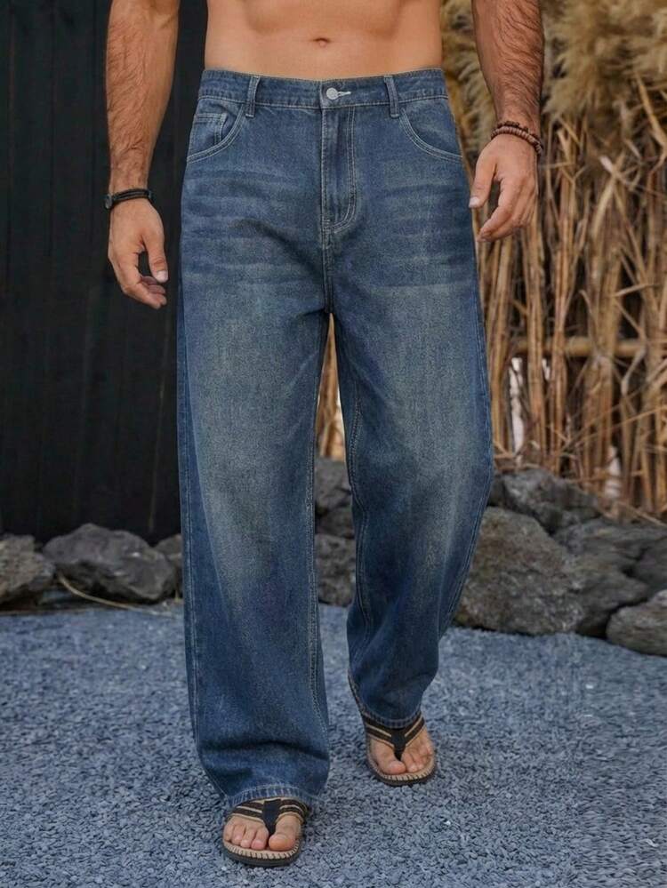 Long Elastic Waist Distressed Blue Plus Size Men's Jeans