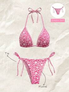 New Beach Vacation Plaid & Floral Print Reversible Triangle Bikini Bottom - Pink - View 1
