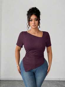 SHEIN Clasi Plus Size Women's Short Sleeve Asymmetrical Collar Design Elegant Sexy Smart Casual Slim Fit T-Shirt, Versatile For Spring/Summer Night Dark Purple - Purple - View 3