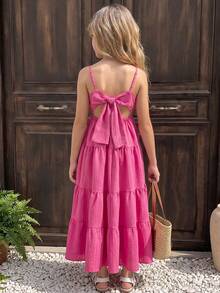 SHEIN Young Girl Woven Solid Color Casual Camisole Dress - Hot Pink - View 9