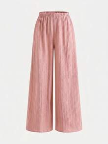 SHEIN 少女春夏休闲度假时尚编织纹理蓝色无袖上衣搭配直筒裤套装，适合度假、派对、优雅场合、返校季、春季野餐、日常穿着。 - 粉色 - 查看 4