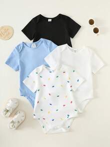 SHEIN Bộ 4 món áo liền quần tay ngắn kẻ sọc co giãn dễ thương cho bé trai/bé gái, áo bodysuit cơ bản, thích hợp cho mùa xuân/hè. - Nhiều màu - Xem 4