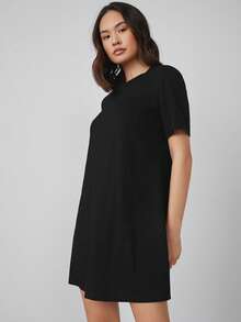 SHEIN BASICS 大码休闲纯色短袖连衣裙，夏季 - 黑色 - 查看 8
