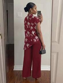 SHEIN Lady CURVE 大码女士优雅印花不对称下摆衬衫，夏季 - 彩色 - 查看 2
