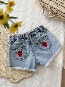 Young Girl' Strawberry Embroidery Blue Denim A-Line Shorts - Light Wash - View 6