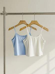 SweetSlumber Women's Casual INS Comfortable Button Knit Ribbed Camisole Cropped Top 2 Pieces Pajama Set Loungewear Baby Blue White Summer - Multicolor - View 2