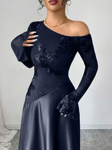 Modelyn Women's Autumn Brown Sexy Asymmetrical Shoulder Mesh Embroidered Long Sleeve High Waist A-Line Dress - Navy Blue - View 7