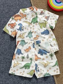 SHEIN Playful Pals 2件組 幼兒嬰兒恐龍印花短袖上衣與彈性腰圍短褲套裝 兒童服裝 6個月-3歲 - 米色 - 查看 2