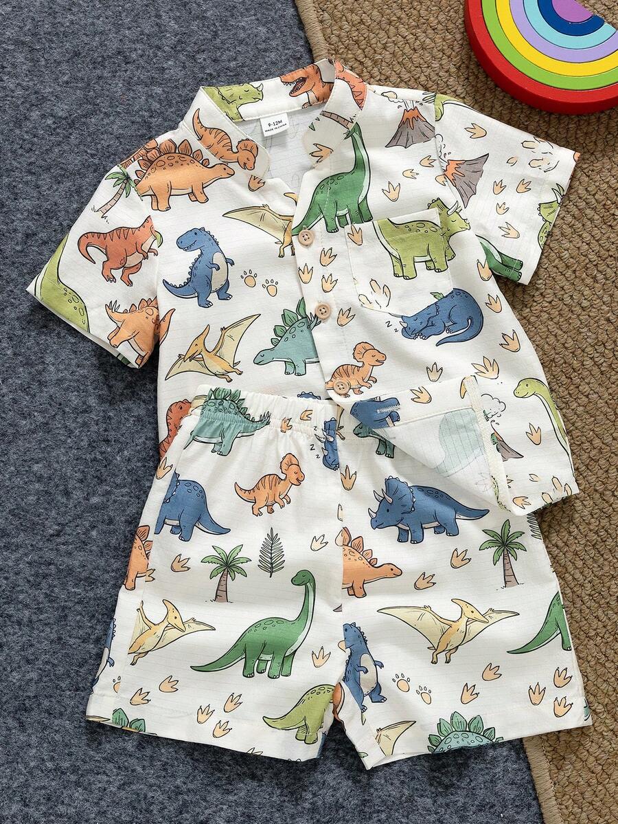 SHEIN Playful Pals 2件組 幼兒嬰兒恐龍印花短袖上衣與彈性腰圍短褲套裝 兒童服裝 6個月-3歲