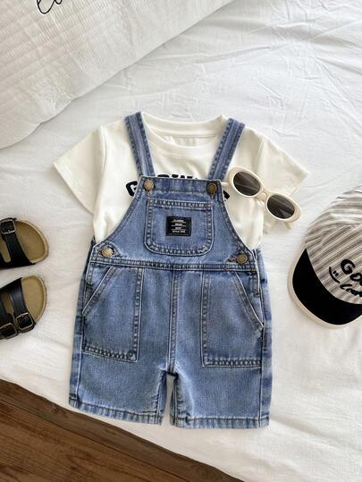 Bộ quần yếm denim ống đứng rộng rãi, phối nhiều mảng màu, dành cho bé trai mùa hè, không kèm áo thun, thích hợp cho trang phục xuân hè, áo liền quần denim cho trẻ em.