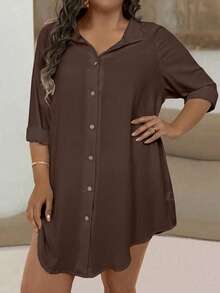 EMERY ROSE Plus Solid Button Front Blouse Women Shirt Fall - Brown - View 5