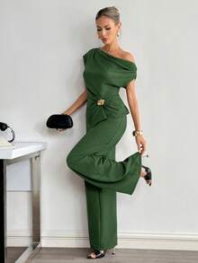 Nuevo conjunto con decoración metálica en el hombro para mujer en color marrón - Verde - Ver 7