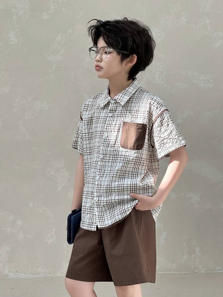 Plaid Loose Shirt Top With Contrast Pocket + Straight Shorts Boys (Big Size) Shirt Set
