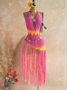 Soleia V-Neck Pink And Yellow Fish Scale Knit Fringe Mini Dress,Boho Summer Beach Vacation Holiday,Metal Decor Gradient Hippie Party Western Style - Multicolor - View 3