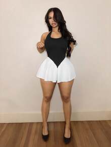 SHEIN BamGlam Black And White Colorblock High Waisted Backless A-Line Short Dress,Women's Summer Seksi Chic Club Night Streetwear,Casual Comfortable Stretchy Slim - Black and White - View 6