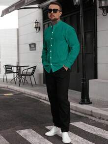 Manfinity CasualCool Kemeja Kasual Pria Lengan Panjang Kancing Tunggal Warna Polos - Hijau - View 3