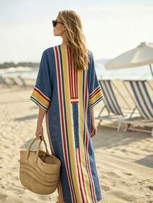 Omancia Robe femme élégante, mode, décontractée, confortable, charmante, rétro, minimaliste, Top de gamme, romantique, vacances, station balnéaire, décontractée, bord de mer, mi-longue, col V, ample, fendue, imprimé rayé coloré, texture - Multicolore - Voir 2