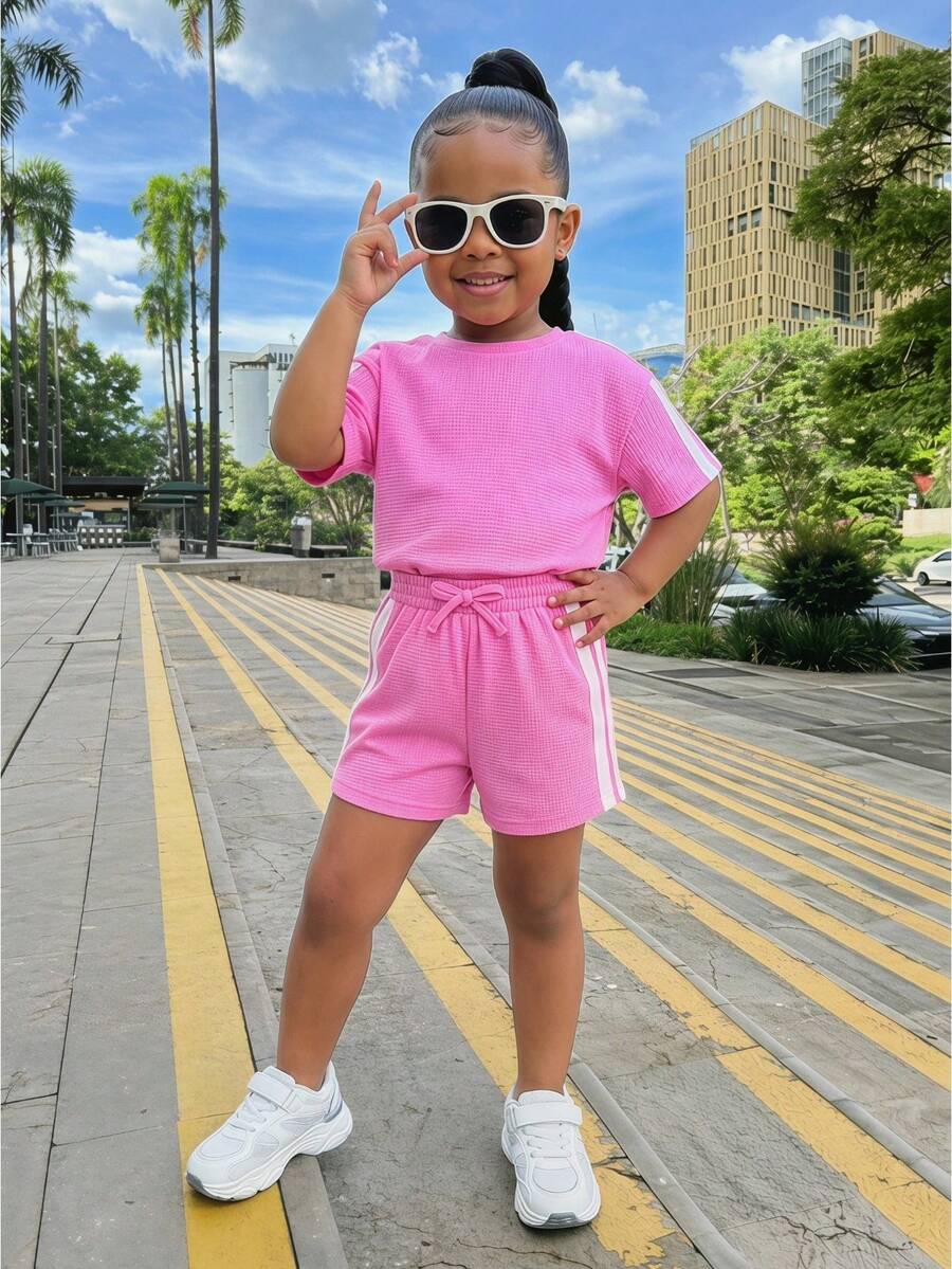 Kids/Young Girl Knitted Solid Color Round Neck Loose Fit Side Contrast Stripe T-Shirt And Shorts Set, Light Pink - Pink - View 1