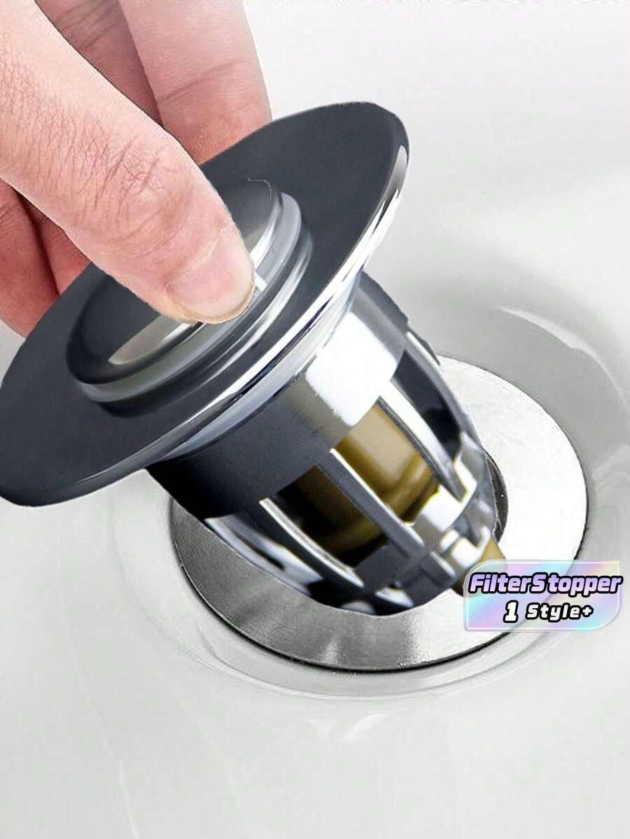 下推式水槽过滤器塞子带弹性芯弹出式排水过滤器适用于厨房浴室水槽通用毛发收集器防堵塞面盆排水塞 - 銀色 - 查看 1