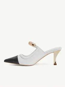 CUCCOO CHICEST Women's Elegant Gold Crescent Moon Decor Pointed Toe Stiletto Heel Pumps, Suitable For Work, Formal Occasions, Office Outfit, Mule Shoes, White PU Spring Break Easter For Christmas - Black and White - View 6