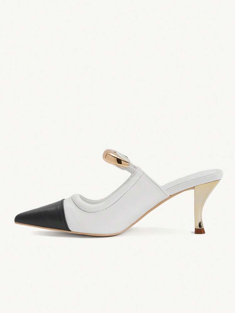 CUCCOO CHICEST Women's Elegant Gold Crescent Moon Decor Pointed Toe Stiletto Heel Pumps, Suitable For Work, Formal Occasions, Office Outfit, Mule Shoes, White PU Spring Break Easter For Christmas