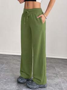 SHEIN PETITE Comfortable And Casual Plain Knitted Low-Rise Wide-Leg Women's Sweatpants - Army Green - View 3