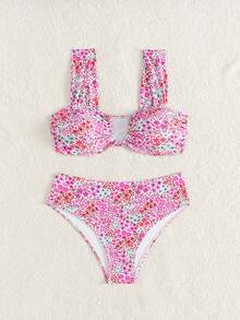 SHEIN Swim Mod Bộ bikini cổ yếm chữ V họa tiết hoa nhí ngẫu nhiên mới của Springbreak dành cho nữ. - Nhiều màu - Xem 4
