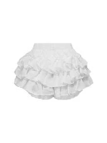 Kawaii Spring/Summer Women's Sweet Solid Color Layered Ruffle Hem Shorts, Summer - White - View 2