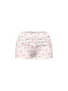 ROMWE Kawaii Bộ đồ ngủ gồm áo hai dây ren và quần short xếp ly in hình thỏ, bướm và hoa dễ thương và duyên dáng, thích hợp mặc ở nhà. - Hồng - Xem 5
