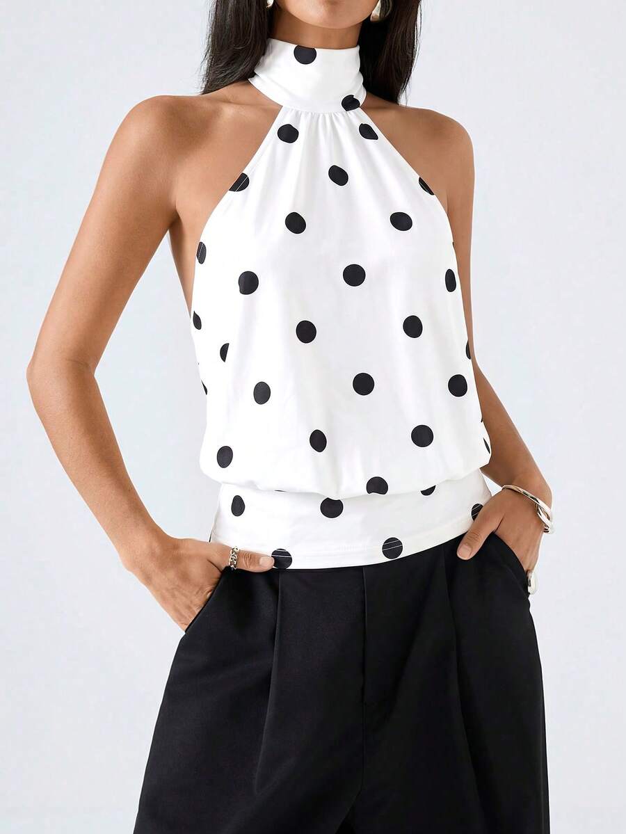 LYSMO Women's Casual Retro Halter Backless Polka Dot Print Camisole,Summer Top - White - View 1