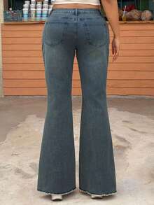 Dazy Plus Quần jeans dài ống loe denim rách, co giãn, bạc màu dành cho nữ, phù hợp mọi mùa. - Rửa tối - Xem 6