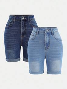 SHEIN 春夏两件套浅色水洗牛仔高弹力卷边修身长款短裤，适合青少年女孩，夏季舒适，适合夏季海滩波西米亚风度假、夏季音乐会、节日休闲派对、青少年女孩夏季早午餐、毕业典礼、学校、校园、大学等场合。 - 彩色 - 查看 3