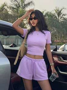 Muchica 淡紫色针织修身女士圆领短袖上衣和短裤家居服套装 - 紫丁香色 - 查看 5
