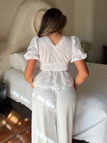 Maria Perezxox 荷叶边条纹深V领短袖上衣/乳白色 - 米色 - 查看 2