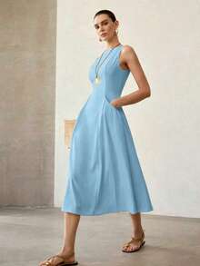 MOTF PREMIUM SOLID SLIM WAIST SLEEVELESS MIDI DRESS - Blue - View 3