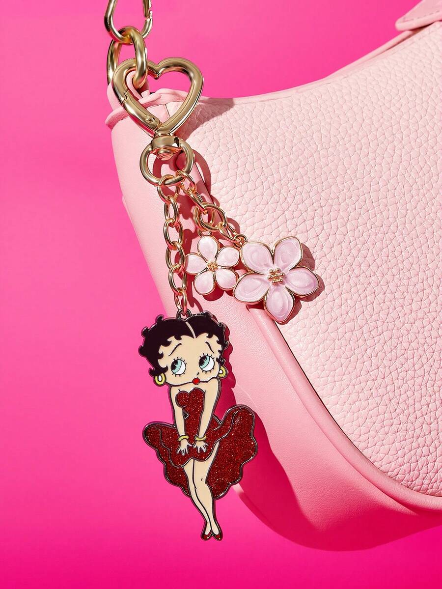 Betty Boop x SHEIN 时尚锌合金字母 B 闪亮水钻钥匙扣,奢华精致,可作包包挂饰、吊坠、纪念品、收藏品,适合作为礼物、钱包、书包、背包、汽车配件等,心形挂钩 - 紅色 - 查看 1