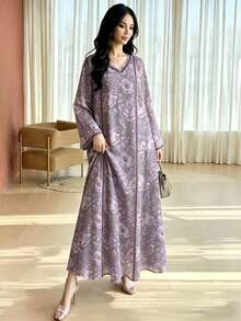 SHEIN Najma Đầm maxi dài họa tiết hoa nhí, đầm dài tay cổ chữ V thời trang nữ, đầm dài họa tiết hoa nhí cho nữ, đầm maxi thanh lịch cho mùa xuân/hè, đầm nữ kiểu Ả Rập. - Nhiều màu - Xem 3