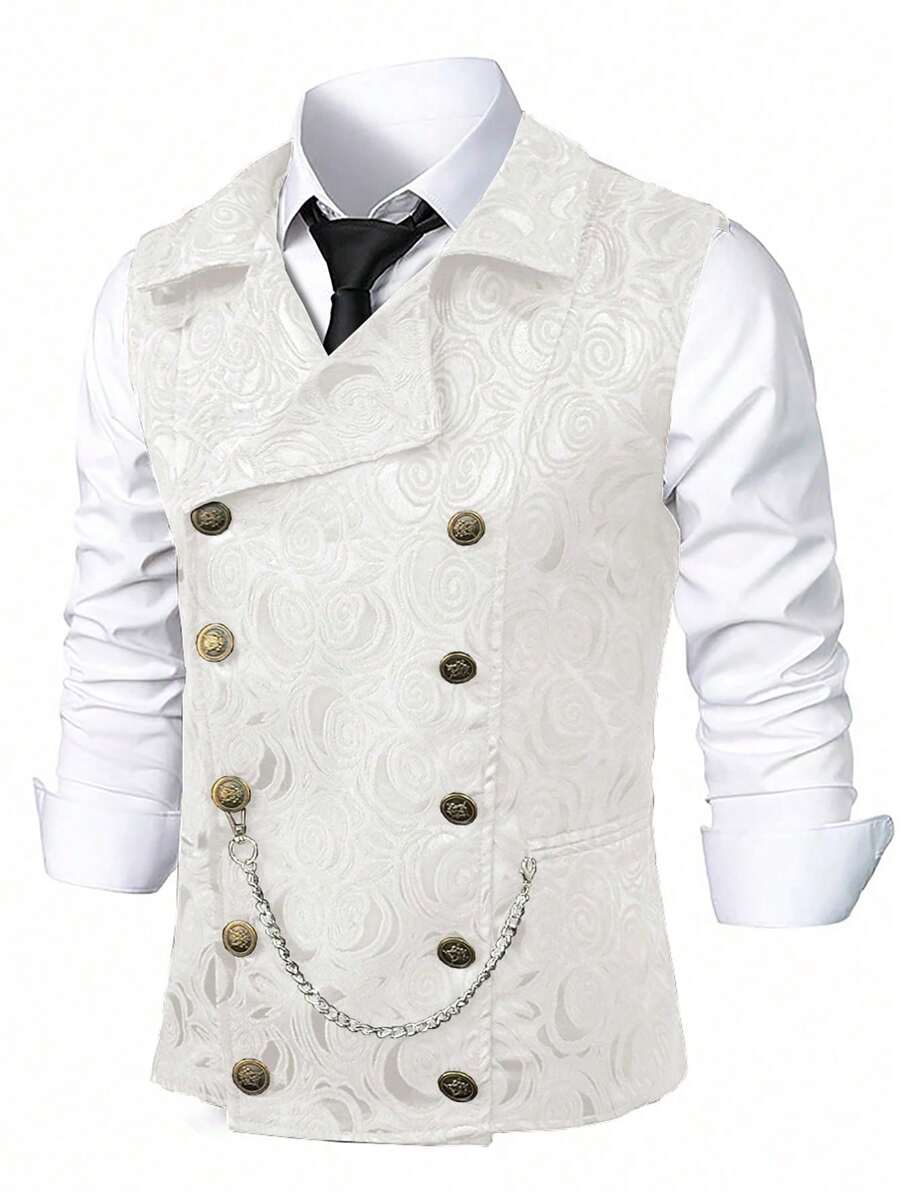 Calvornis Men's Formal Party Banquet Jacquard Double-Breasted Waistcoat, Excluding Shirt, Ceremony - White - View 1
