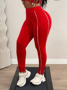 BamGleam Pantalones de cintura alta con ajuste delgado y ribete de contraste - Rojo y blanco - Ver 7
