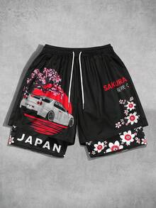 ROMWE MEN Anime Men's 2-In-1 Printed Drawstring Shorts - Multicolor - View 1
