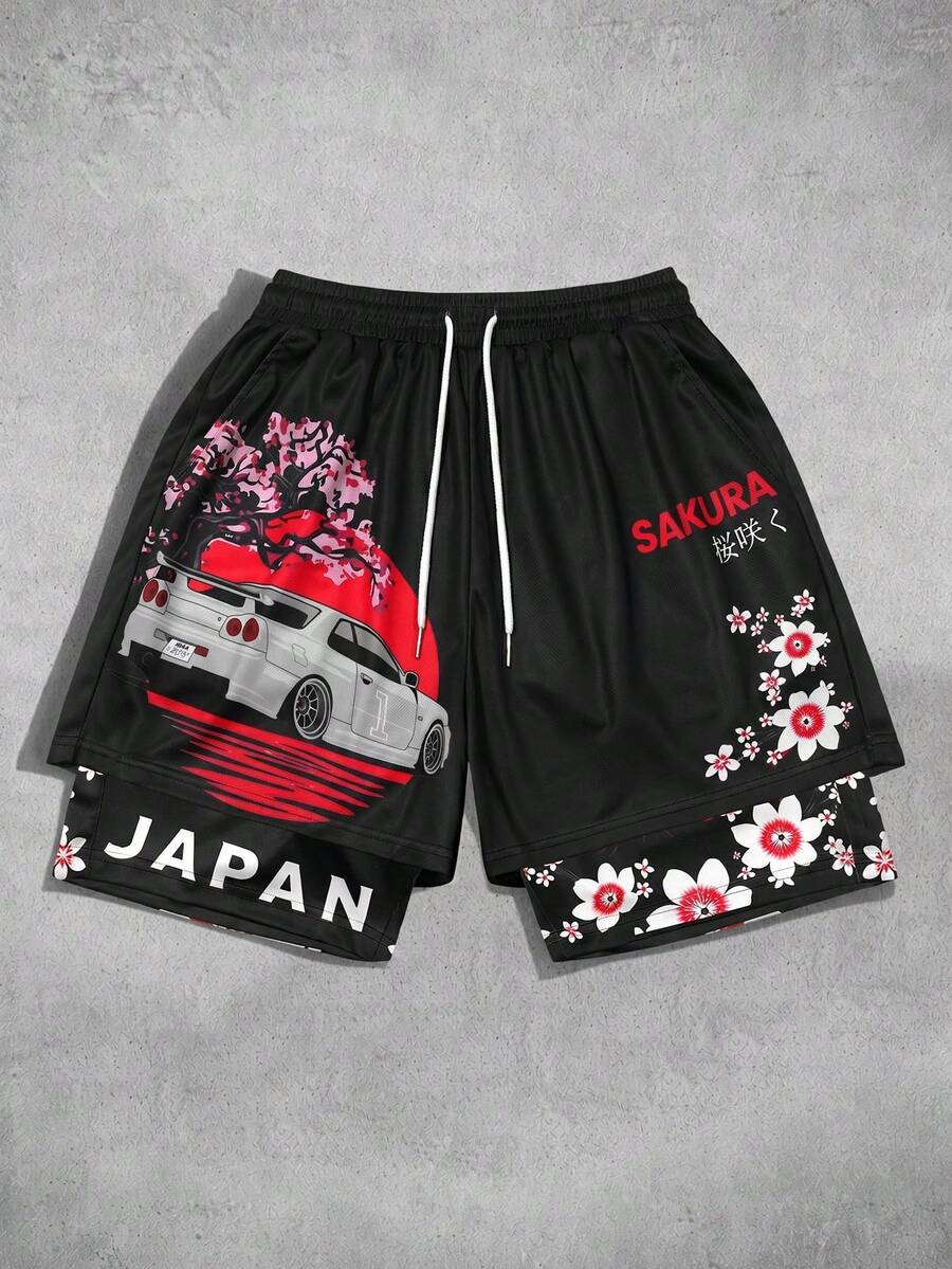 ROMWE MEN Anime Men's 2-In-1 Printed Drawstring Shorts - Multicolor - View 1