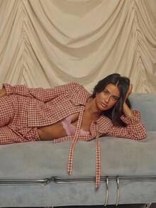 Aralina Sleepwear 2pcs Plain Print Red Gingham Collared Tie Front Long Sleeve Button Down Shirt And Wide Leg Pant Sleep Set With Ruffle Detail , Cute Christmas Pajama Set - Red - View 4