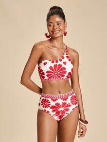 Travachic Conjunto de bikini de tirantes finos asimétricos de hombro estilo retro para mujer, para verano - Multicolor - Ver 4
