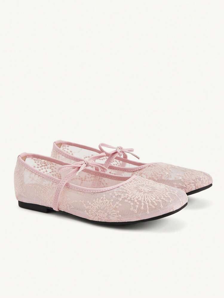 CUCCOO CHICEST Spring And Summer Mesh Lace Bow Design Square Toe Flat Heel Gentle Mesh Pink Mary Jane Shoes Daily Commute