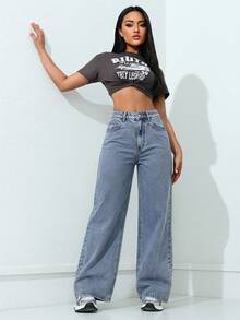 SHEIN ICON Casual Sexy Washed Slant Pocket Straight Leg Jeans Back-To-School Swimming Pastal Summer - Light Wash - View 7