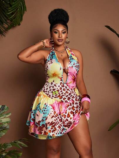 Maweii Đầm mini ôm sát cơ thể cổ chữ V, dây mảnh, họa tiết da báo và hoa nhí, kiểu dáng gợi cảm mùa hè, phù hợp cho kỳ nghỉ biển, cỡ lớn.